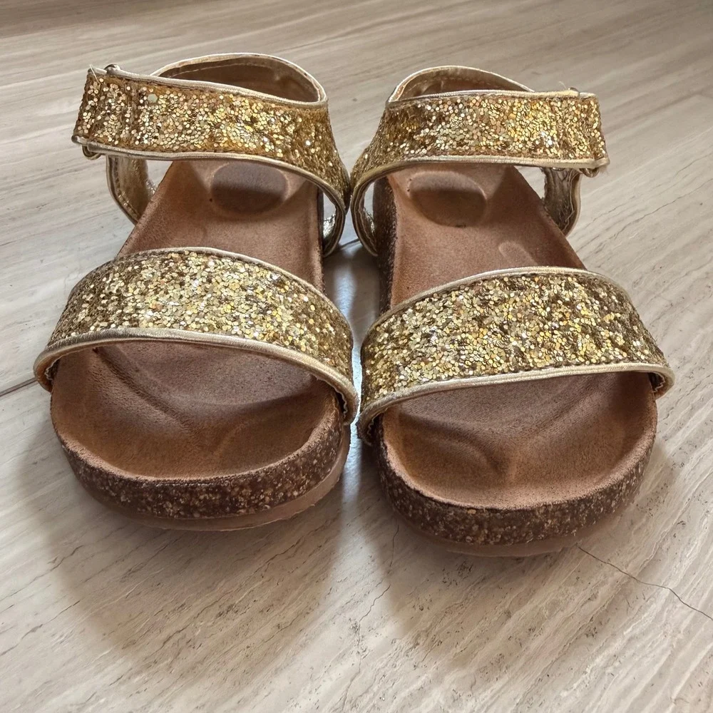 J.Crew Crewcuts Glitter Cork Sandals Gold Glam Vacation Going Out AV747 K10 EUC
